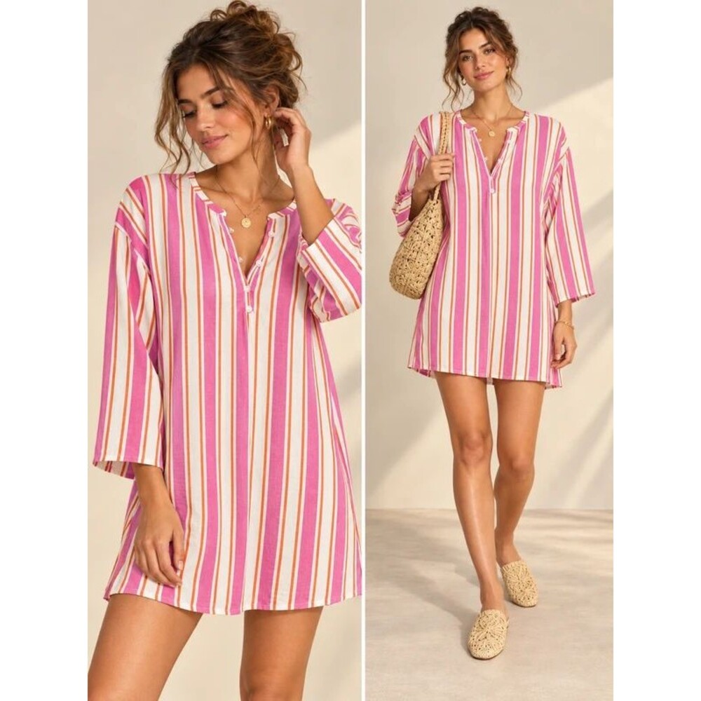 Solid & Striped Pink White Striped Linen Blend Tunic Dress Cover Up XS NWT